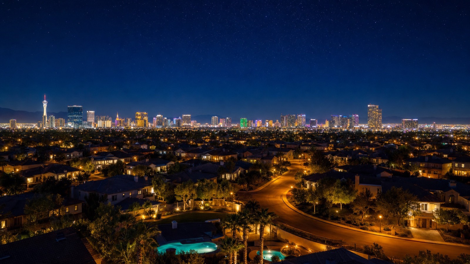 Sky Las Vegas tallest residential tower on the Strip at twilight with the broader Las Vegas Strip skyline glowing in the background